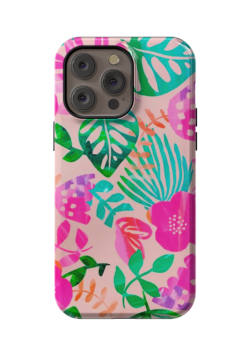 Case para iPhone con Flores Playeras en Fondo Rosa