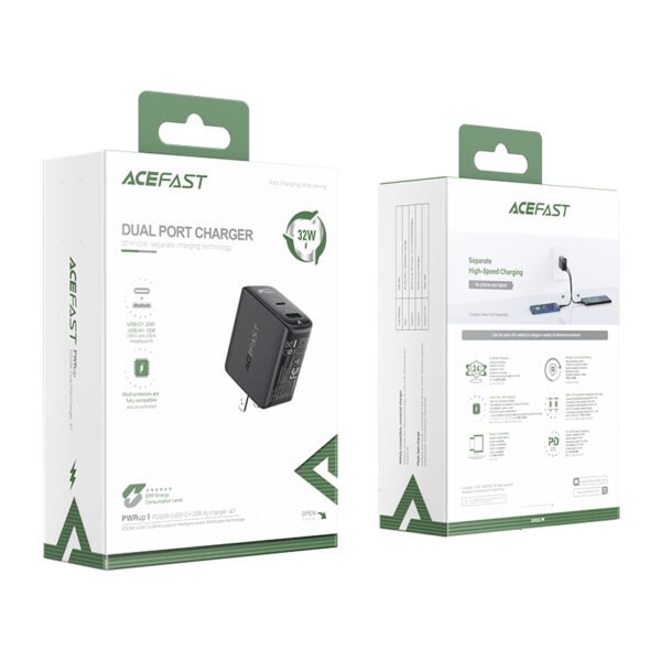 ACEFAST CARGADOR NEGRO ENTRADA USB C + USB A DOBLE PUERTO 32W - Imagen 3