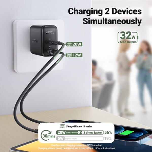 ACEFAST CARGADOR NEGRO ENTRADA USB C + USB A DOBLE PUERTO 32W - Imagen 6