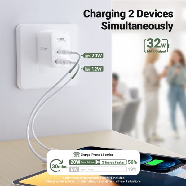 ACEFAST CARGADOR BLANCO ENTRADA USB C + USB A DOBLE PUERTO 32W - Imagen 3