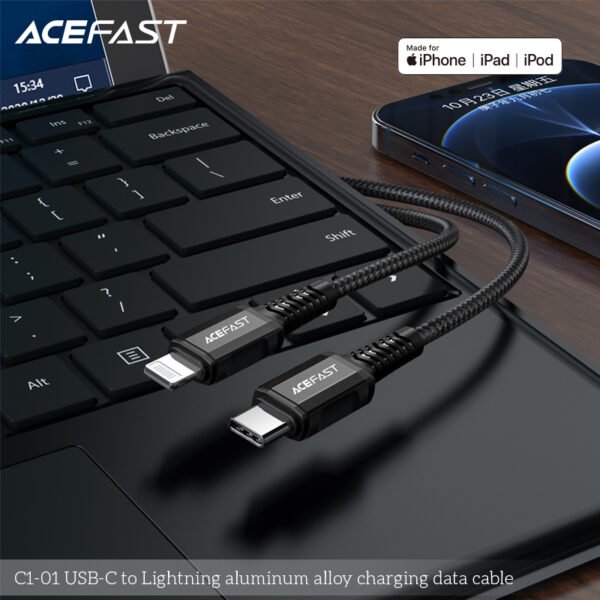 ACEFAST CABLE DE CARGADOR NEGRO PARA IPHONE 30W LIGHTNING - Imagen 2