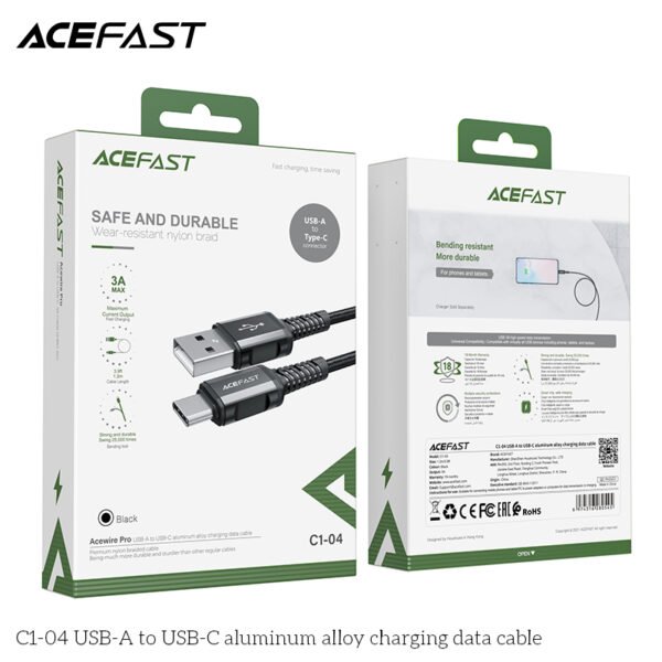 ACEFAST CABLE DE CARGADOR NEGRO REFORZADO ALUMINIO PARA ANDROID - Imagen 3
