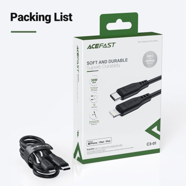 ACEFAST CABLE DE CARGADOR NEGRO PARA IPHONE 30W - Imagen 3