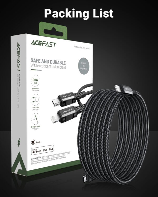 ACEFAST CABLE DE CARGADOR NEGRO PARA ANDROID TIPO C 30W - Imagen 6