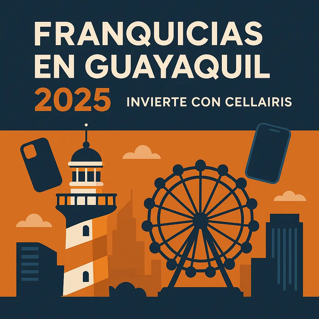 Franquicias en Guayaquil 2025 – invierte con Cellairis, ilustración de skyline, faro y rueda La Perla