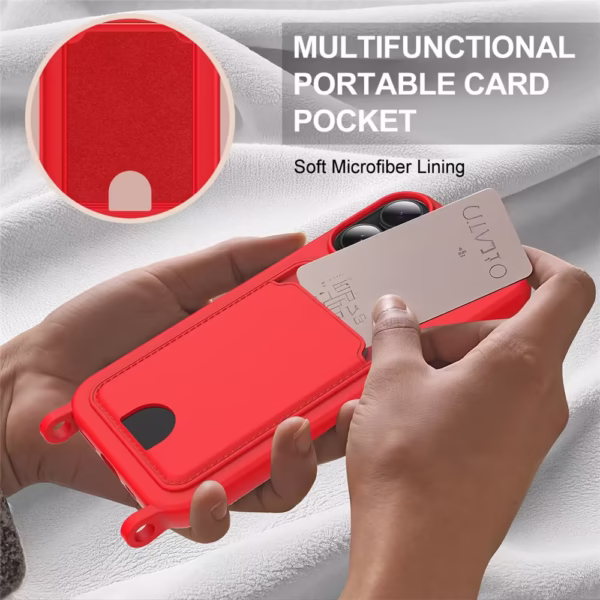 Case de silicona para iPhone 16 con Porta Tarjetas y Correa Corta – Rojo - Imagen 3