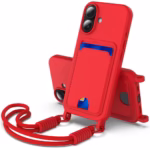 Case de silicona para iPhone 16 con Porta Tarjetas y Correa Corta – Rojo