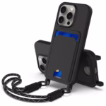 Case de silicona para iPhone 14 Pro Max con Porta Tarjetas y Correa Corta – Negro