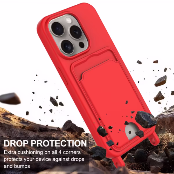 Case de silicona para iPhone 14 Pro Max con Porta Tarjetas y Correa Corta – Rojo - Imagen 4