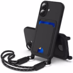 Case de silicona para iPhone 16 con Porta Tarjetas y Correa Corta – Negro